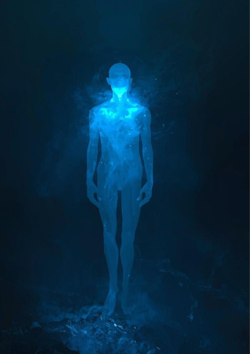 Une figure de lumière bleue dans l'obscurité