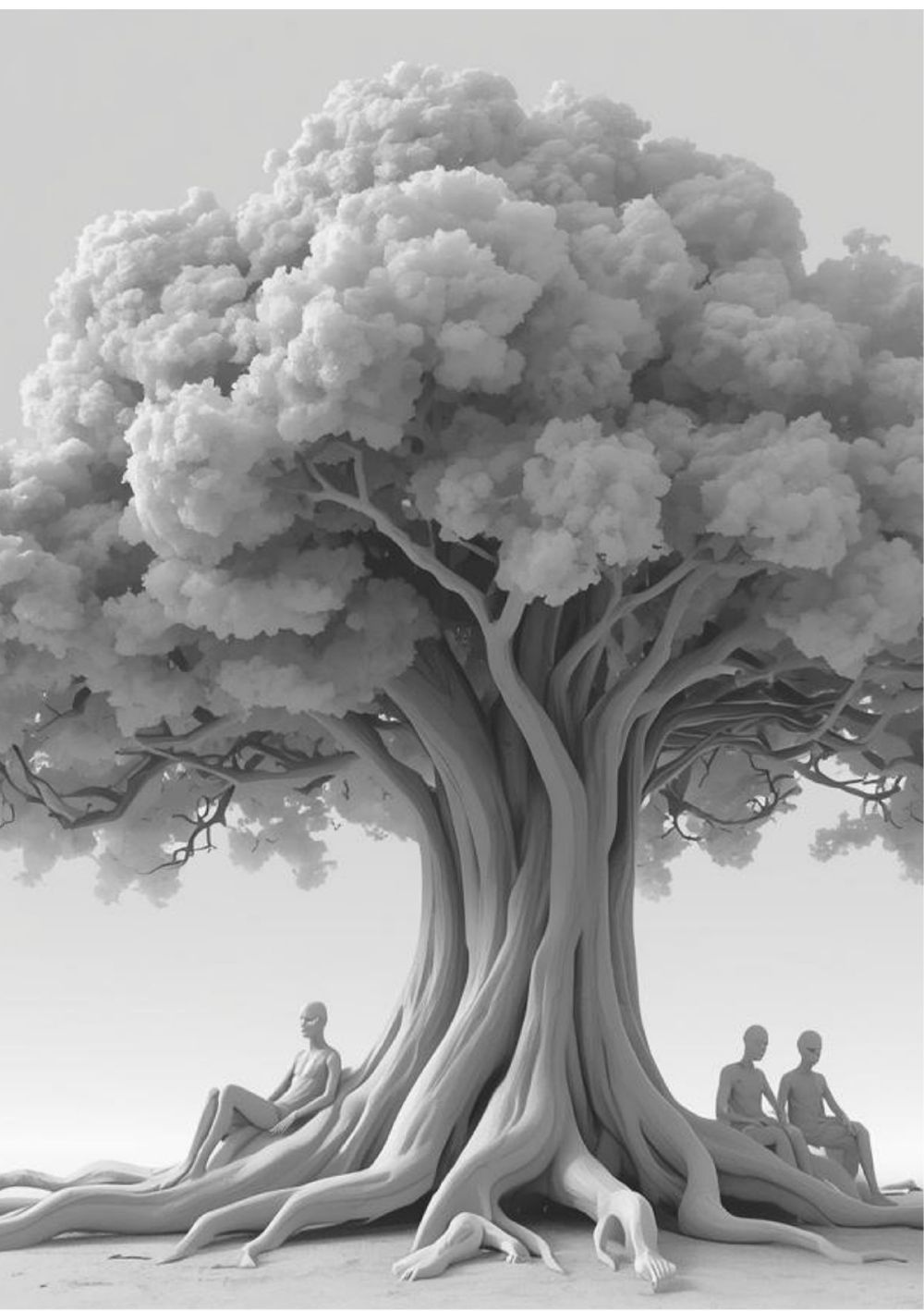 Un arbre monumental gris dans un monde sans horizon
