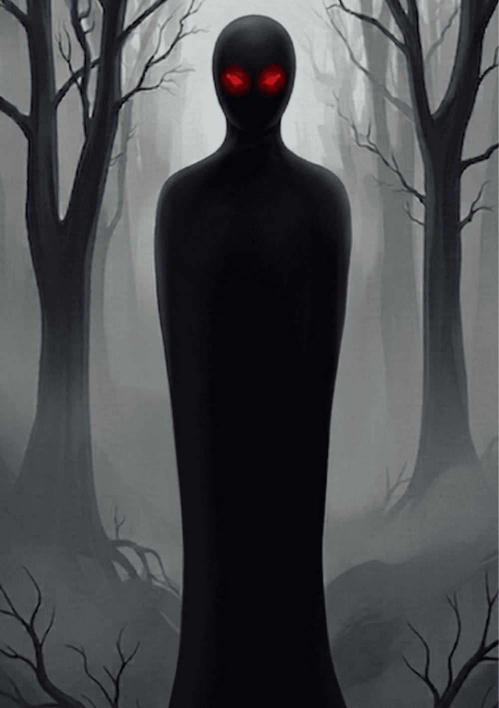 Une haute silhouette noire aux yeux rouges dans une forêt