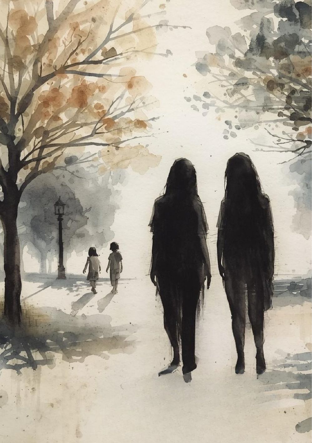 Deux silhouettes sombres dans une allée d'arbres